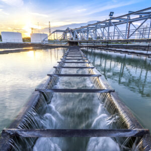 water empties from a holding tank at a water treatment plant